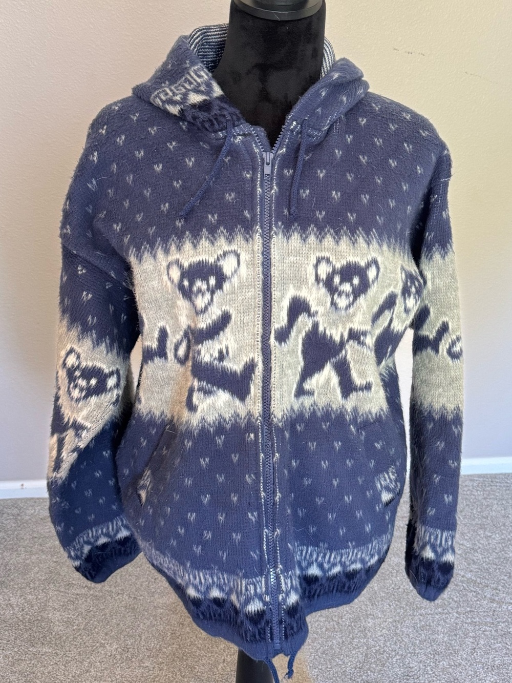 Vintage Grateful Dead "Dancing Bears" alpaca wool zip-up hoodie Blue Medium